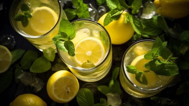 Ein Glas Limonade mit Zitronenscheiben und Minzblättern auf einem Tisch.