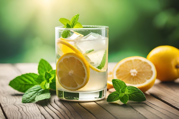 Ein Glas Limonade mit Zitronenscheiben und Minze auf einem Holztisch.