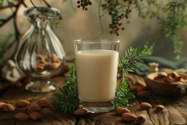 Ein Glas Mandelmilch, ein Dekanter im Hintergrund um Mandeln und grüne Zweige