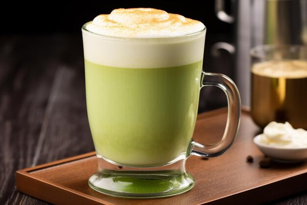 Ein Glas Matcha-Grüntee mit Latte-Kunst oben