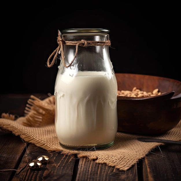 Ein Glas Milch auf einem Holztisch