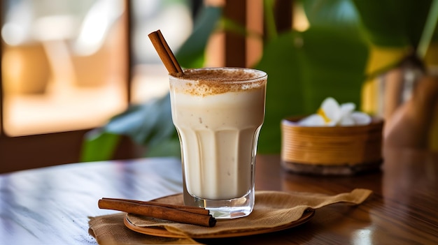 Ein Glas Milch mit einer Zimtstange darauf