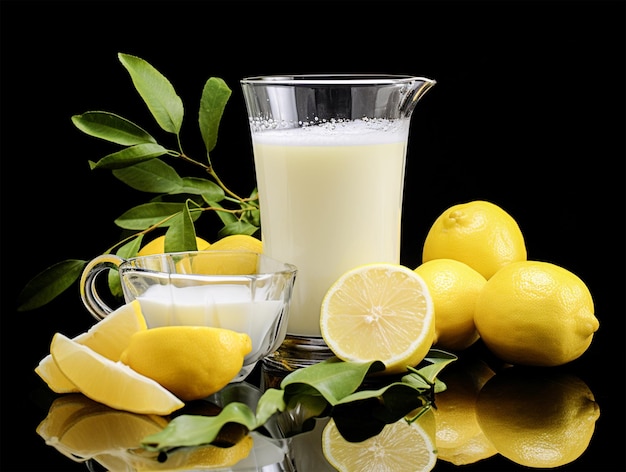 Ein Glas Milch mit Zitronenmischung auf schwarzem Hintergrund