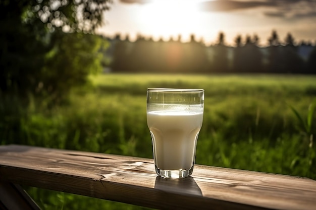 Ein Glas Milch steht auf einer hölzernen Fensterbank auf dem grünen Feldhintergrund in den Strahlen der Morgensonne