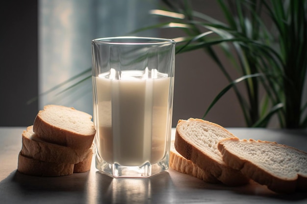 Ein Glas Milch und Brot auf einem Tisch