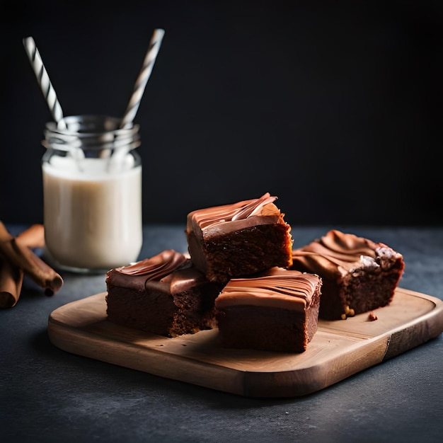 Ein Glas Milch und drei Brownies auf einem Schneidebrett.