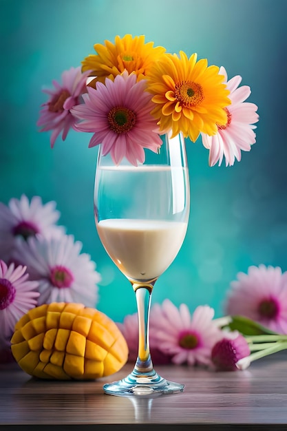 Ein Glas Milch und ein Blumenstrauß