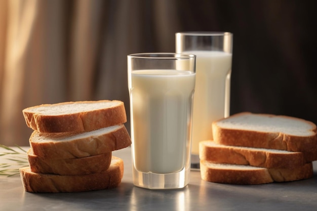 Ein Glas Milch und ein Stapel Brot