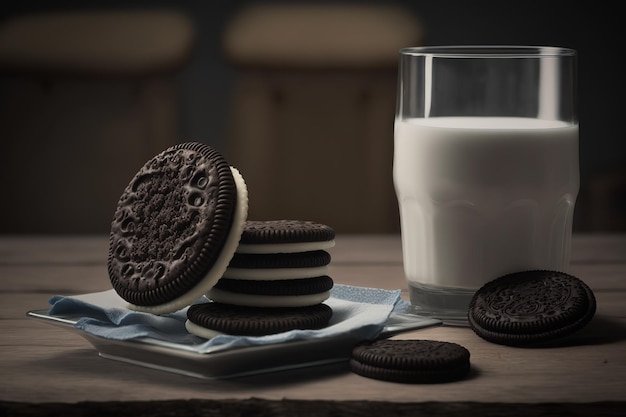 Foto ein glas milch und ein stapel oreo-kekse