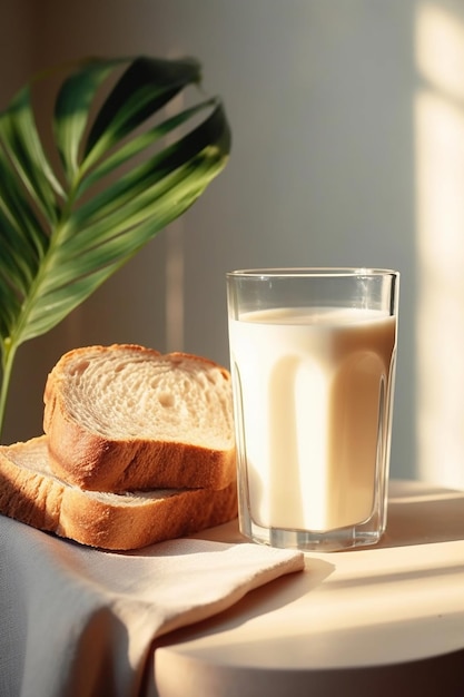 Ein Glas Milch und eine Scheibe Brot