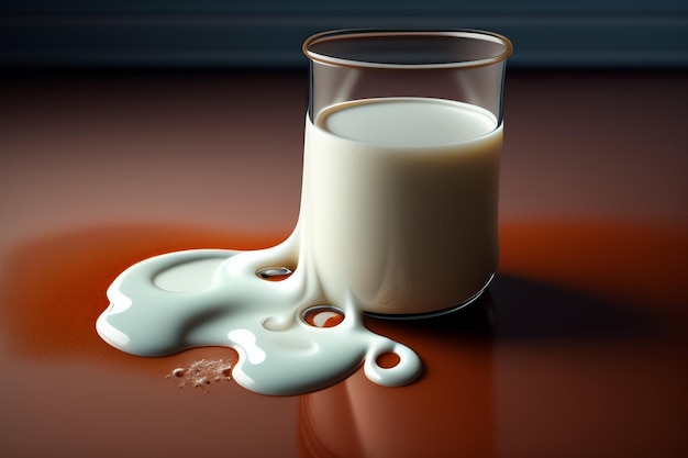 Ein Glas Milch wird auf einem Tisch verschüttet.