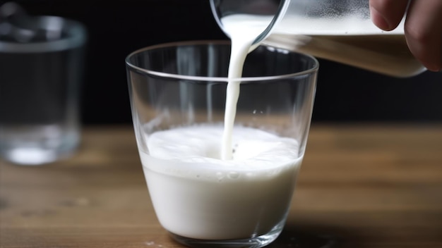 Ein Glas Milch wird in ein Glas gegossen.