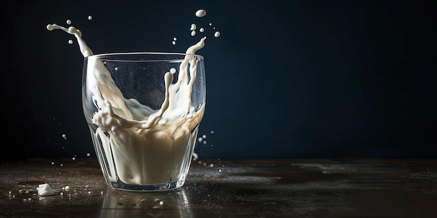 Ein Glas Milch wird vor einen dunklen Hintergrund gegossen.