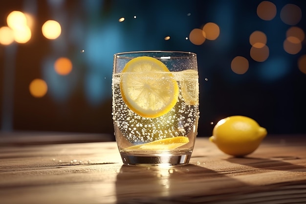 Ein Glas Mineralwasser mit Zitronen und eine Flasche Mineralwasser auf einem Holztisch.