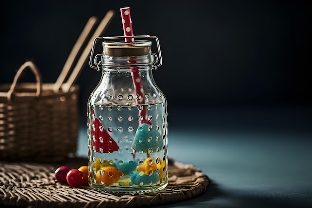 Ein Glas mit einem Strohhalm und einem Fisch darin.