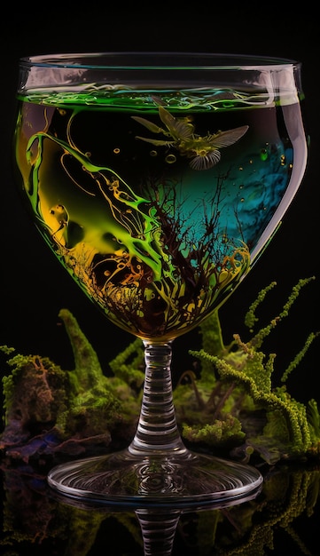 Ein Glas mit einem Vogel darauf und einem grünen Mooshintergrund.