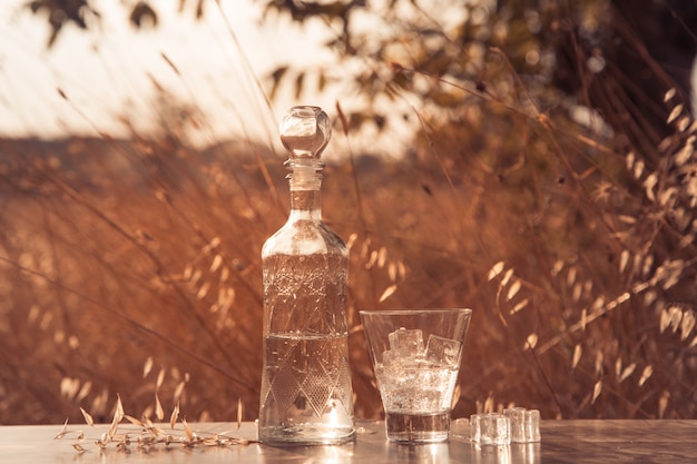 Ein Glas mit Eis und Sonnenuntergang in der Savanne