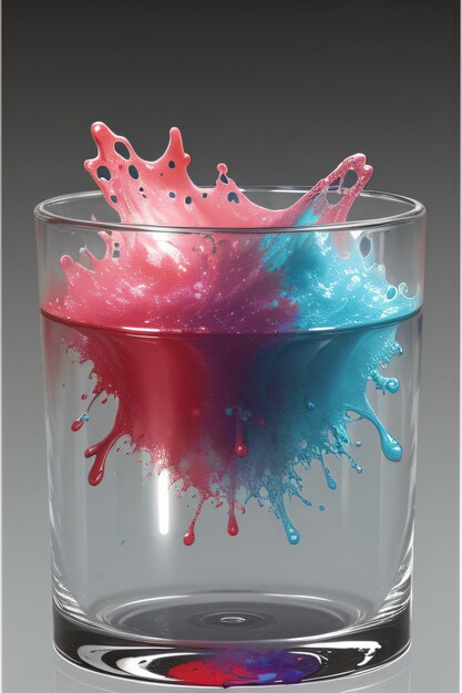 Foto ein glas mit flüssigkeit gefüllt und ein spritzer rosa und blauer flüssigkeit darin mit einem schwarzen hintergrund und einem