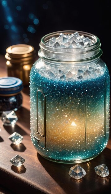 Foto ein glas mit funkelnden kristallen fängt das licht auf