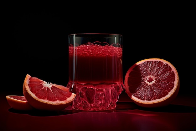 Ein Glas mit rotem Saft und Scheiben Grapefruit