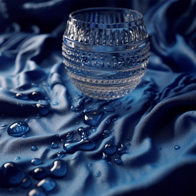 Ein Glas mit Wasser darauf steht auf einem Tuch mit blauem Tuch.