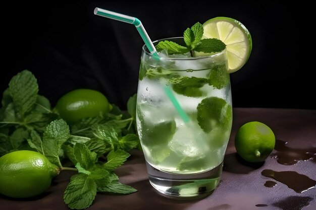 Ein Glas Mojito mit einem grünen Strohhalm