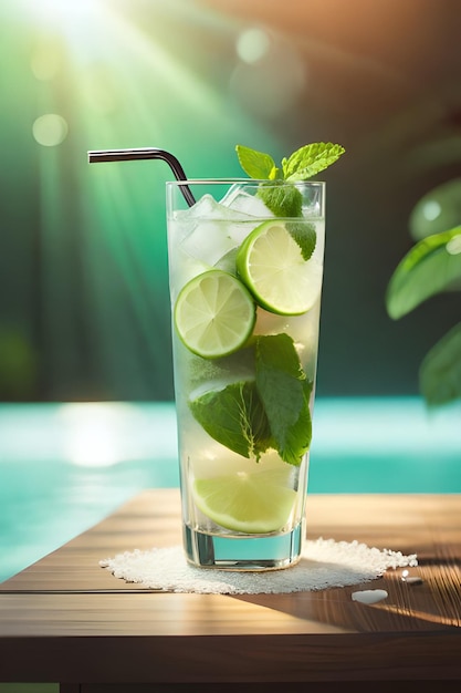 Ein Glas Mojito mit einem Strohhalm daneben