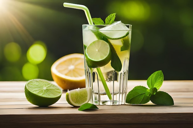 Ein Glas Mojito mit Limetten und Limetten auf einem Holztisch.