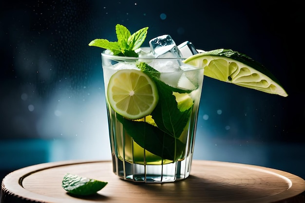 Ein Glas Mojito mit Limetten und Minze auf einem Holztisch.