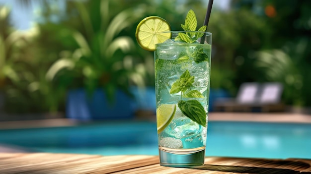 Ein Glas Mojito neben einem Pool.