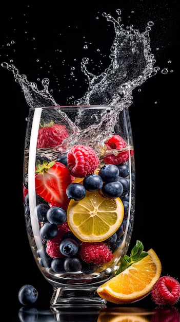Ein Glas Obst mit einem Spritzer Wasser