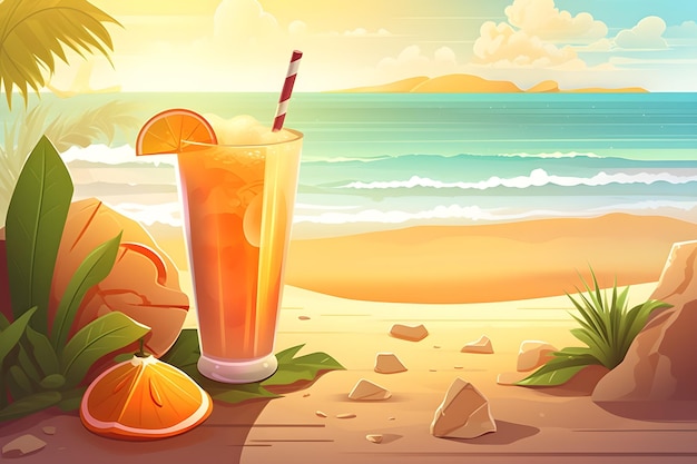 Ein Glas orangefarbener frischer Cocktail an einem Strand mit einem Strohhalm und einer Palme im Hintergrund