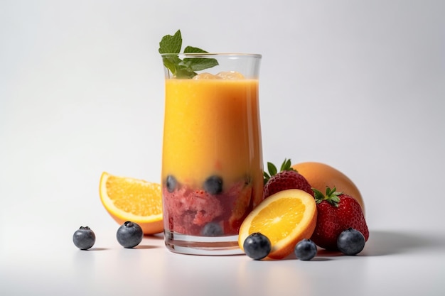 Ein Glas Orangen-Smoothie mit Heidelbeergarnitur