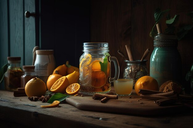 Ein Glas Orangen und ein Glas Limonade mit Zimtstangen auf dem Tisch.