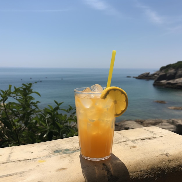 Ein Glas Orangengetränk mit gelbem Strohhalm steht auf einem Felsvorsprung mit Blick auf den Ozean.