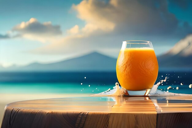 Ein Glas Orangensaft auf einem Holztisch mit wunderschönem Blick auf den Ozean.