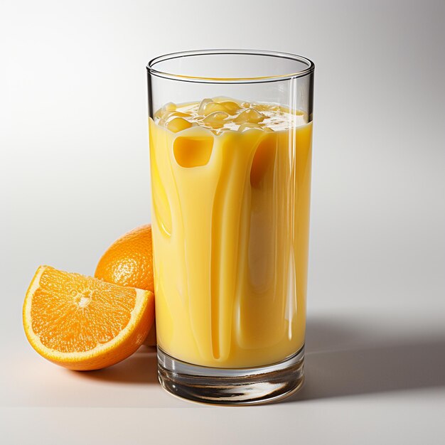 ein Glas Orangensaft, das in der Mitte eines sauberen weißen Hintergrunds schwebt