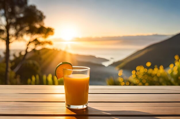 ein Glas Orangensaft liegt auf einem Tisch mit einem Sonnenuntergang im Hintergrund.