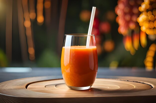 Ein Glas Orangensaft mit einem Strohhalm darin.