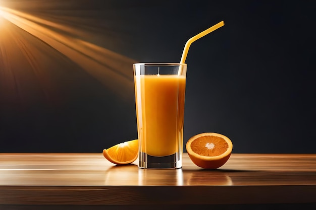 Ein Glas Orangensaft mit einem Strohhalm und einer Hälfte Orangen auf einem Holztisch.