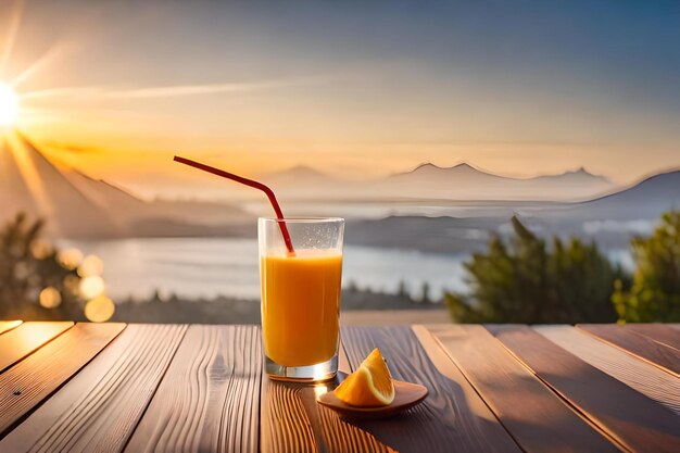 Ein Glas Orangensaft mit einem Strohhalm und einer Zitronenscheibe auf einem Tisch.