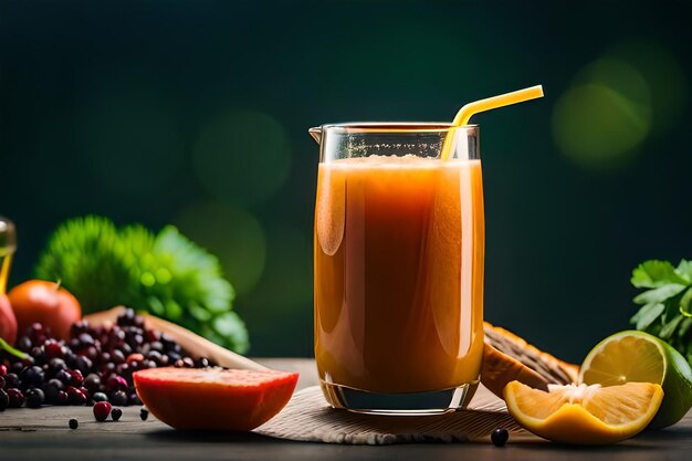 ein Glas Orangensaft mit einem Strohhalm und einigen anderen Früchten.