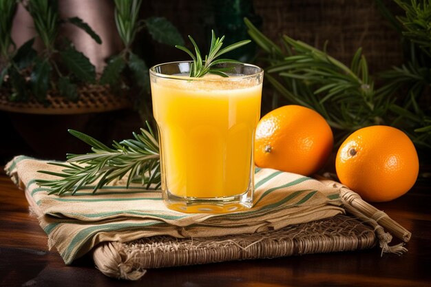 Foto ein glas orangensaft mit einer orangenstücke und einer blaubeerengarnierung