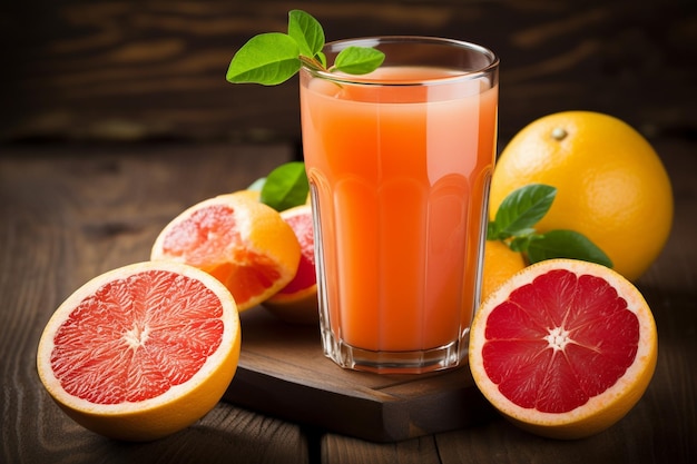 Ein Glas Orangensaft mit geschnittenen Orangen und Grapefruit