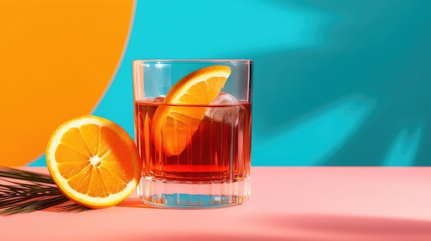 Ein Glas Orangensaft mit Orangen auf dem Tisch