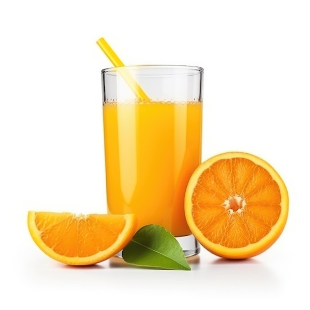 Ein Glas Orangensaft mit Orangen und einem Strohhalm daneben.