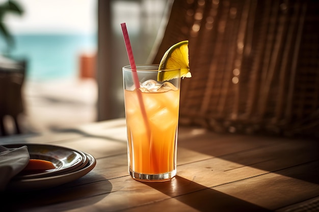 Ein Glas Orangensaft mit rotem Strohhalm steht auf einem Holztisch neben einem Strand.