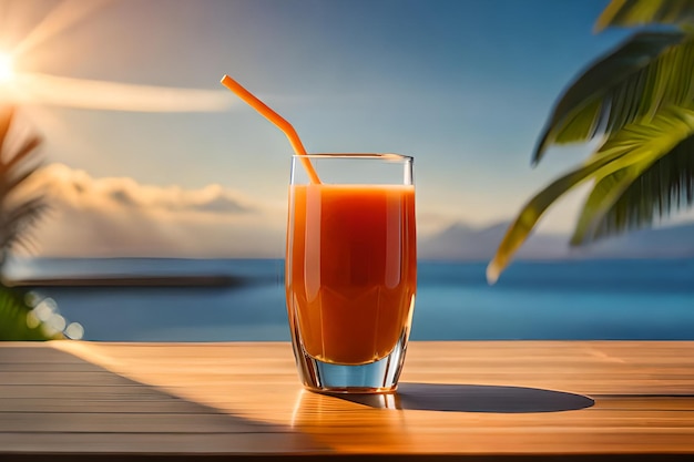 Ein Glas Orangensaft mit Strohhalm auf einem Tisch vor einer tropischen Insel.