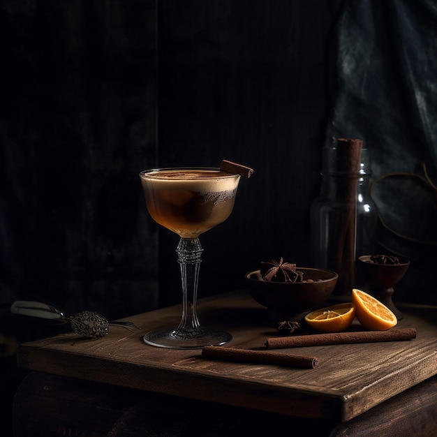 Ein Glas Orangensaft mit Zimtstangen auf einem Holzbrett.