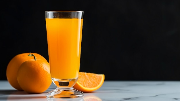 Ein Glas Orangensaft mit zwei Orangen auf einem Tisch.